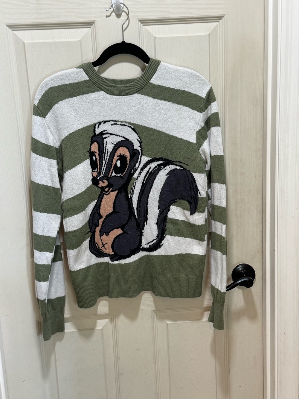 Disney Striped Skunk Sweater in Olive Green and White